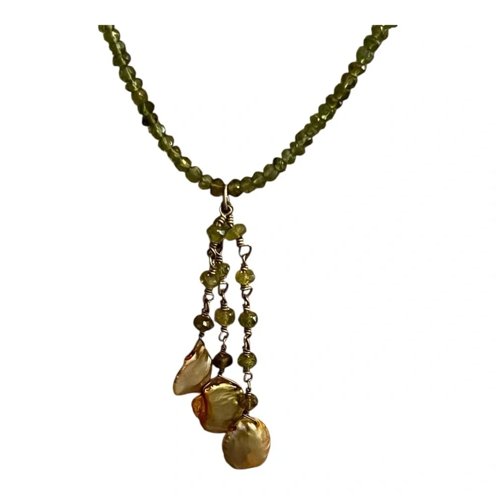 Elegant Green Beaded Necklace with Gold Pearl Accents - 16”